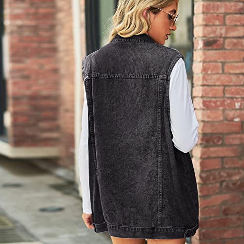 Perbai Women's Oversized Denim Vest Distressed Mid Long Sleeveless Jean Jacket Waistcoat with Pockets(Grey-XS)