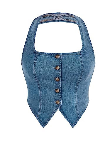 Verdusa Women's Button Front Halter Neck Backless Denim Tank Top Casual Crop Vest Light Wash M