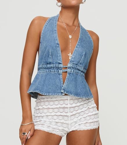 Women Sexy Backless Denim Vest Deep V Neck Sleeveless Tie Up Ruffle Hem Halter Jean Vest Slim Fitted Crop Top (Blue, M)