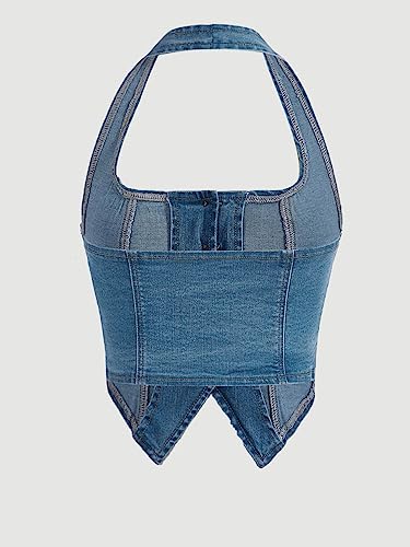 Verdusa Women's Button Front Halter Neck Backless Denim Tank Top Casual Crop Vest Light Wash M
