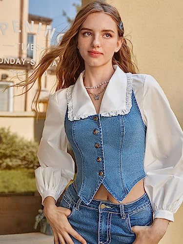 Verdusa Women's Button Front Halter Neck Backless Denim Tank Top Casual Crop Vest Light Wash M