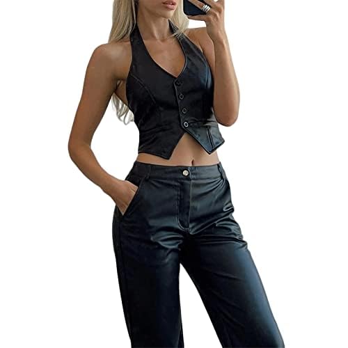 FORYTSSIC Women Dressy Denim Vest Cropped V Neck Sleeveless Waistcoat Vintage Fairy Grunge Bustier Tops Streetwear (D-Halter PU Black, S)