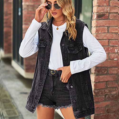 Perbai Women's Oversized Denim Vest Distressed Mid Long Sleeveless Jean Jacket Waistcoat with Pockets(Grey-XS)