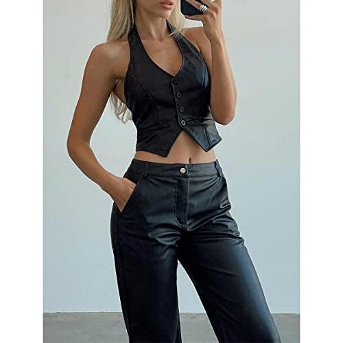 FORYTSSIC Women Dressy Denim Vest Cropped V Neck Sleeveless Waistcoat Vintage Fairy Grunge Bustier Tops Streetwear (D-Halter PU Black, S)