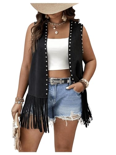Verdusa Women's Plus Size Fringe Vest Faux Suede Rivets Sleeveless Tassel Jacket Black 3XL