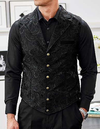 COOFANDY Black Suit Vest Men Paisley Floral Waistcoat Formal Tuxedo Suit Vests Gothic Steampunk Vest Black, X-Large