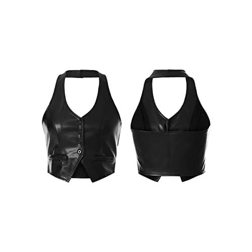 FORYTSSIC Women Dressy Denim Vest Cropped V Neck Sleeveless Waistcoat Vintage Fairy Grunge Bustier Tops Streetwear (D-Halter PU Black, S)
