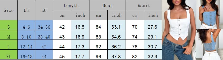 Seyurigaoka Womens Denim Vest Sleeveless Square Neck Button Down Jean Crop Top Smocked Backless Fitted Denim Corset Top (Blue, L)