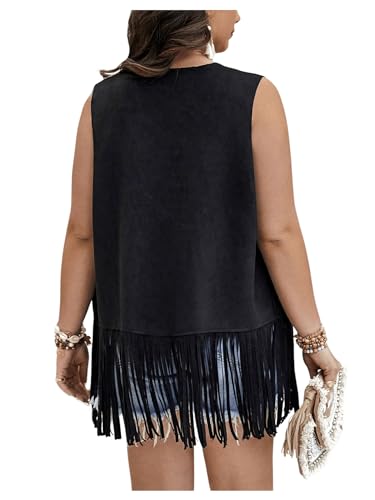 Verdusa Women's Plus Size Fringe Vest Faux Suede Rivets Sleeveless Tassel Jacket Black 3XL