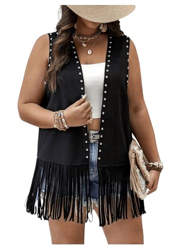 Verdusa Women's Plus Size Fringe Vest Faux Suede Rivets Sleeveless Tassel Jacket Black 3XL