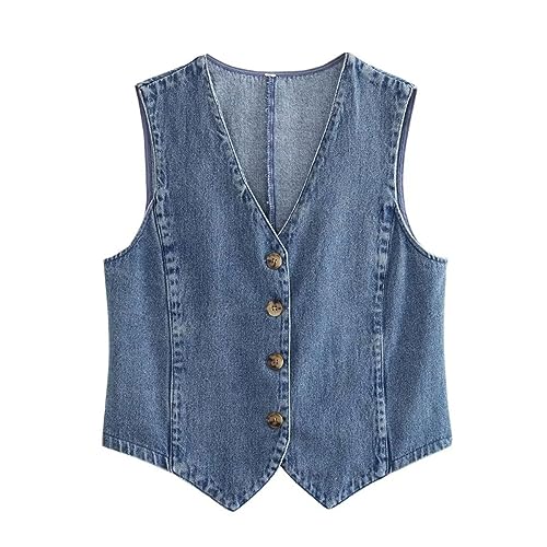 Women's Vintage Denim Waistcoat Vest Sleeveless V-Neck Cropped Tank Tops Button Down Jean Vintage Crop Jackets (Blue, L)