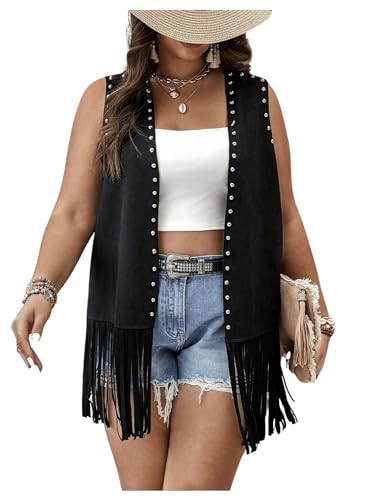 Verdusa Women's Plus Size Fringe Vest Faux Suede Rivets Sleeveless Tassel Jacket Black 3XL