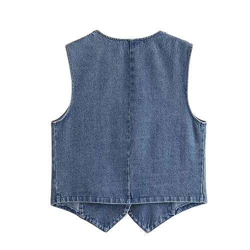 Women's Vintage Denim Waistcoat Vest Sleeveless V-Neck Cropped Tank Tops Button Down Jean Vintage Crop Jackets (Blue, L)