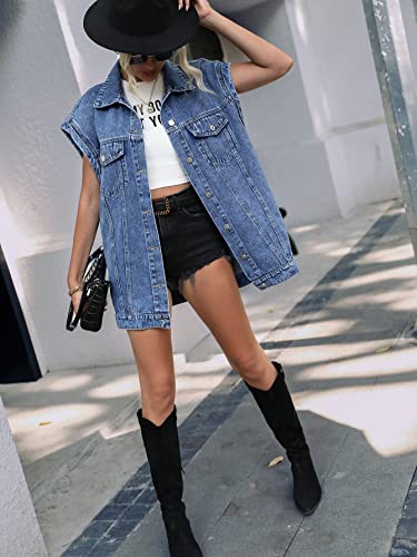 Floerns Women's Casual Flap Pocket Cap Sleeve Button Front Denim Vest Jacket Blue M