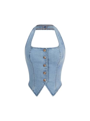 SHENHE Women's Denim Vest Halter Neck Button Up Denim Top Asymmetrical Backless Jean Vest Crop Top Blue L