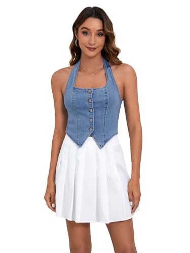 SHENHE Women's Denim Vest Halter Neck Button Up Denim Top Asymmetrical Backless Jean Vest Crop Top Blue L