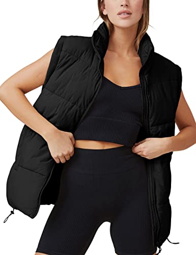 Springrain Womens Oversized Quilted Puffer Vest Padded Warm Winter Jacket with Stand Collar Bubble Puffer Gilet(Black-L)