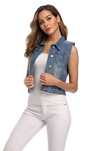 WUDODO Womens Denim Jean Vest Classic Cropped Distressed Spread Collar Sleeveless Jean Jacket