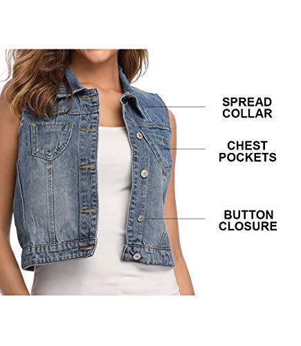 WUDODO Womens Denim Jean Vest Classic Cropped Distressed Spread Collar Sleeveless Jean Jacket