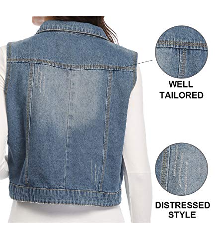 WUDODO Womens Denim Jean Vest Classic Cropped Distressed Spread Collar Sleeveless Jean Jacket