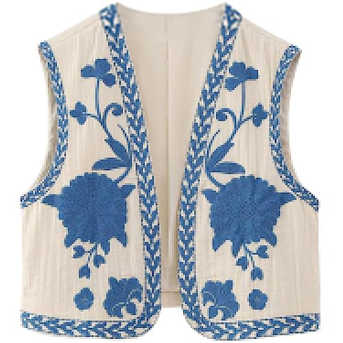 Meihuida Women Embroidered Vest Top Y2k Vintage Open Front Floral Boho Cropped Waistcoat Blue M