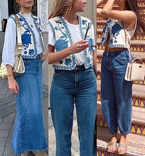Meihuida Women Embroidered Vest Top Y2k Vintage Open Front Floral Boho Cropped Waistcoat Blue M
