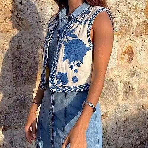 Meihuida Women Embroidered Vest Top Y2k Vintage Open Front Floral Boho Cropped Waistcoat Blue M