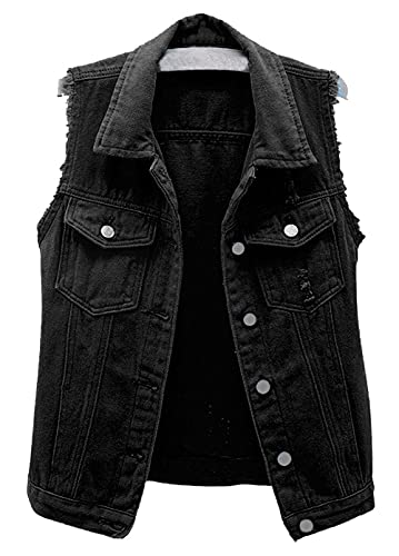 CHARTOU Women's Ripped Lapel Collar Button Up Sleeveless Frayed Denim Vest Jacket (Small, Black)
