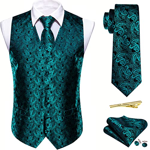 Barry.Wang Blue Green Dress Suit Vest for Men Silk Business Tie Handkerchief Cufflink Waistcoat Formal Tuxedo