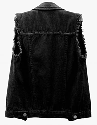CHARTOU Women's Ripped Lapel Collar Button Up Sleeveless Frayed Denim Vest Jacket (Small, Black)