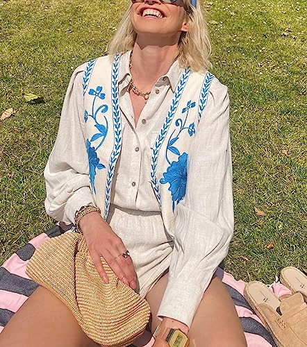 Meihuida Women Embroidered Vest Top Y2k Vintage Open Front Floral Boho Cropped Waistcoat Blue M