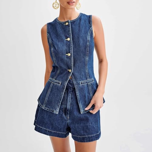 FOMOYUU Women'S Denim Long Vest Tops Crew Neck Front Button Slit Slim Denim Waistcoat Sleeveless Jean Jacket Streetwear (Blue, M)