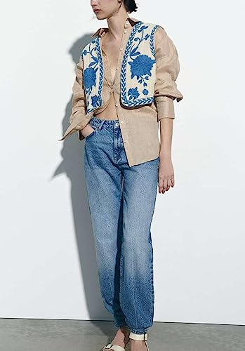 Meihuida Women Embroidered Vest Top Y2k Vintage Open Front Floral Boho Cropped Waistcoat Blue M