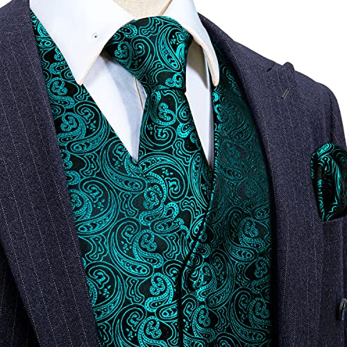 Barry.Wang Blue Green Dress Suit Vest for Men Silk Business Tie Handkerchief Cufflink Waistcoat Formal Tuxedo