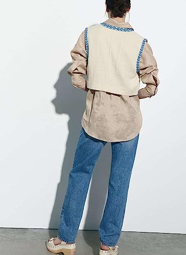 Meihuida Women Embroidered Vest Top Y2k Vintage Open Front Floral Boho Cropped Waistcoat Blue M