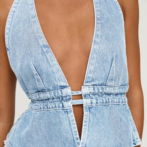 Women Y2K Denim Vest Vintage Sexy Sleeveless Backless Tie Back Tank Top Halterneck Jean Vest Top Streetwear (Light Blue, S)