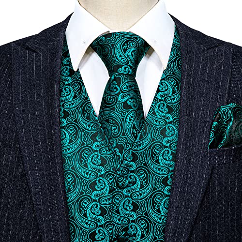 Barry.Wang Blue Green Dress Suit Vest for Men Silk Business Tie Handkerchief Cufflink Waistcoat Formal Tuxedo