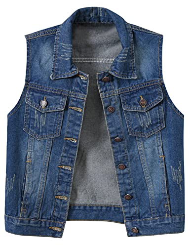 Locachy Women's Casual Denim Vest Jacket Slim Fit Sleeveless Ripped Tops Dark Denim Blue M