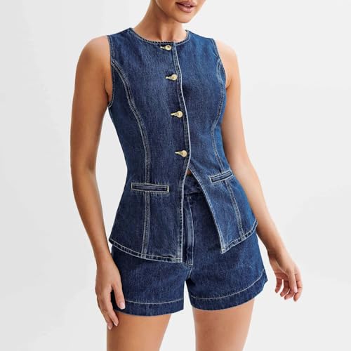 FOMOYUU Women'S Denim Long Vest Tops Crew Neck Front Button Slit Slim Denim Waistcoat Sleeveless Jean Jacket Streetwear (Blue, M)