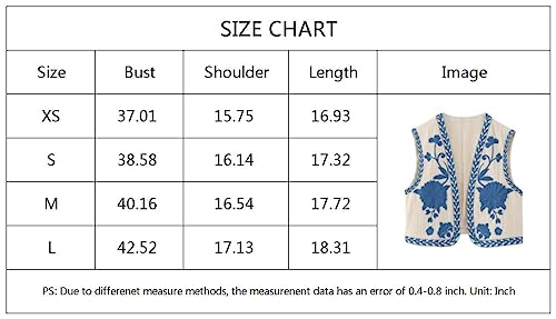 Meihuida Women Embroidered Vest Top Y2k Vintage Open Front Floral Boho Cropped Waistcoat Blue M