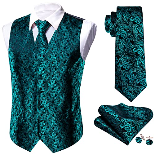 Barry.Wang Blue Green Dress Suit Vest for Men Silk Business Tie Handkerchief Cufflink Waistcoat Formal Tuxedo