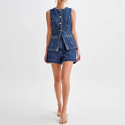 FOMOYUU Women'S Denim Long Vest Tops Crew Neck Front Button Slit Slim Denim Waistcoat Sleeveless Jean Jacket Streetwear (Blue, M)