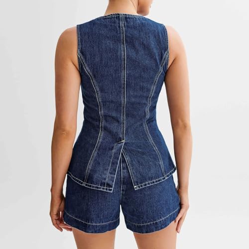 FOMOYUU Women'S Denim Long Vest Tops Crew Neck Front Button Slit Slim Denim Waistcoat Sleeveless Jean Jacket Streetwear (Blue, M)
