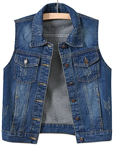 Locachy Women's Casual Denim Vest Jacket Slim Fit Sleeveless Ripped Tops Dark Denim Blue M