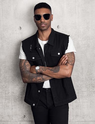 LONGBIDA Men's Denim Vest Sleeveless Ripped Slim fit Distressed Jean Jacket(Black0721,L)