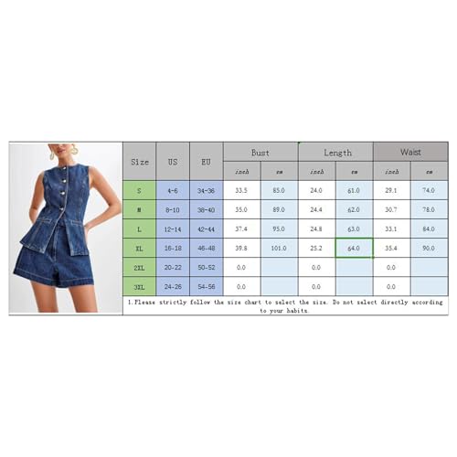 FOMOYUU Women'S Denim Long Vest Tops Crew Neck Front Button Slit Slim Denim Waistcoat Sleeveless Jean Jacket Streetwear (Blue, M)