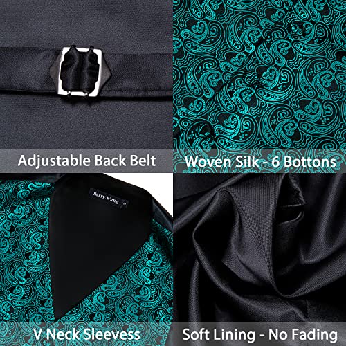 Barry.Wang Blue Green Dress Suit Vest for Men Silk Business Tie Handkerchief Cufflink Waistcoat Formal Tuxedo