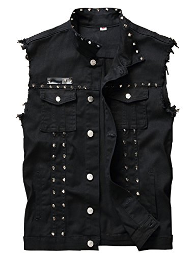 DSDZ Men's Punk Denim Vest Sleeveless Jean Jackets With Rivets (X-Large, Black)
