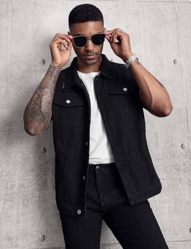 LONGBIDA Men's Denim Vest Sleeveless Ripped Slim fit Distressed Jean Jacket(Black0721,L)