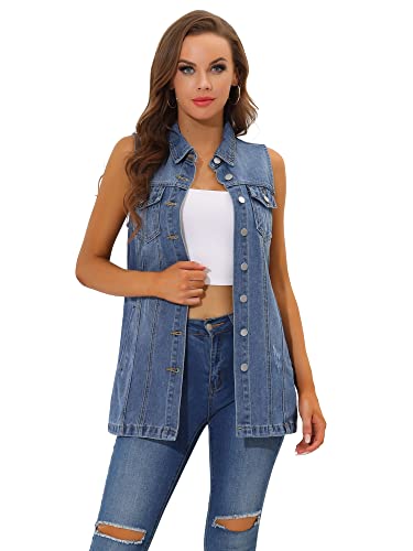 Allegra K Women's Denim Vest Sleeveless Button Down Waistcoat Casual Long Jean Vests Medium Blue